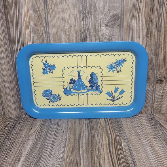 Vintage Lap Tray Metal Blue Cream, Southern Belle Colonial Girl, Country Kitchen - Picture 1 of 5